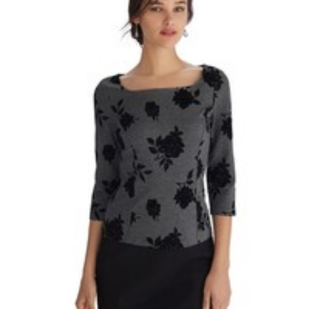 Flocked floral print bodice shirt, size 00, White House Black Market
